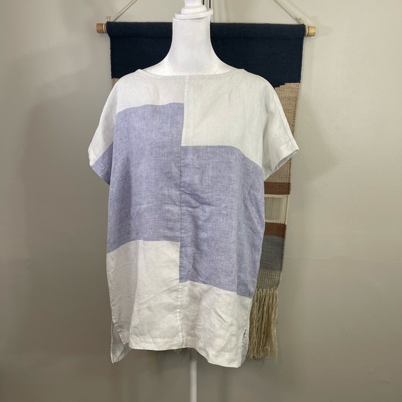 Pure J Jill White Blue Short Sleeves 100% Linen Tunic Relaxed Slouchy Size M - Picture 1 of 7